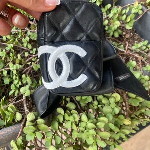 Black Quilted Leather Pouch with White Logo